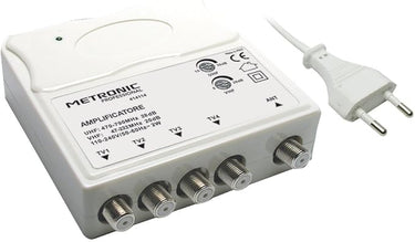 Metronic Amplificador TV VHF/UHF para Digital terrestre con Filtro LTE, VHF 20 dB y UHF 28 dB Ajustables, 1 Entrada/4 Salidas, de Interior, Blanco 414114